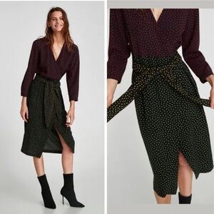ZARA Polka Dot Belted Long Sleeve Wrap Midi Dress Size L